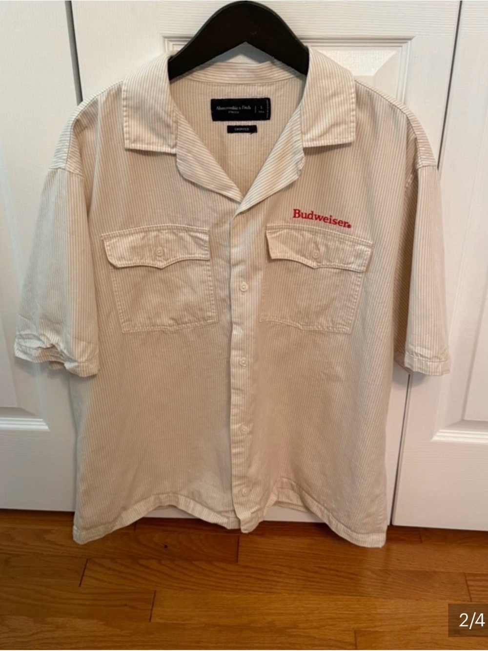 Abercrombie & Fitch Short-Sleeve Cropped Budweiser Workwear Button-Up Shirt